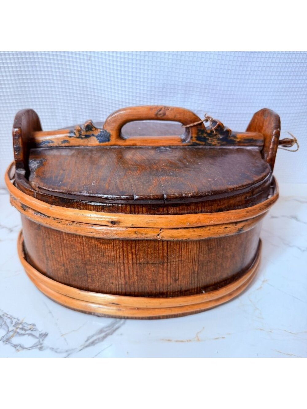 Antique Primitive Wooden Butter Tub Firkin Lidded Bucket Wood Stave Box 1800s Ru